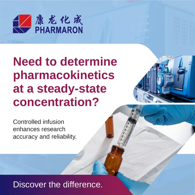 Pharmaron promotional graphic featuring a gloved scientist filling a vial with a syringe, emphasizing controlled infusion for steady-state pharmacokinetics.