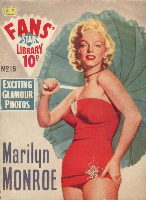 A magazine cover showing an illustration of Marilyn Monroe, wearing a red swimming costume and holding a blue umbrella. Text on the image reads: 

Fans' Star Library 
Exciting glamour photos
Marilyn Monroe