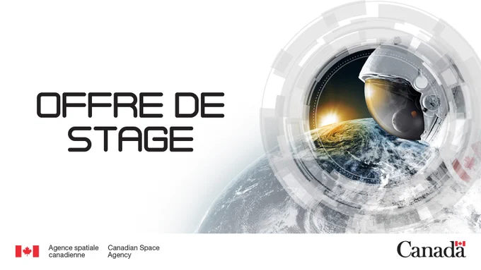 Casque d’astronaute reflétant la Terre au lever du soleil, accompagné du texte « Offre de stage »  
