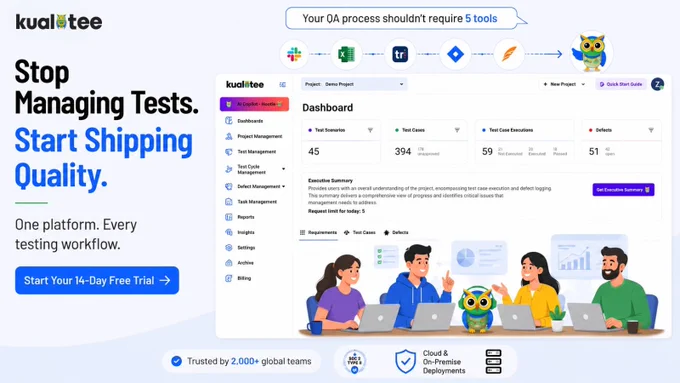 Kualitee homepage hero section showing the headline "Stop Managing Tests. Start Shipping Quality." with a dashboard screenshot displaying test scenarios, test cases, executions, and defects metrics. A speech bubble reads "Your QA process shouldn't require 5 tools." Trust badges at the bottom show SOC 2 Type II certification and cloud/on-premise deployment support. Trusted by 2,000  global teams.