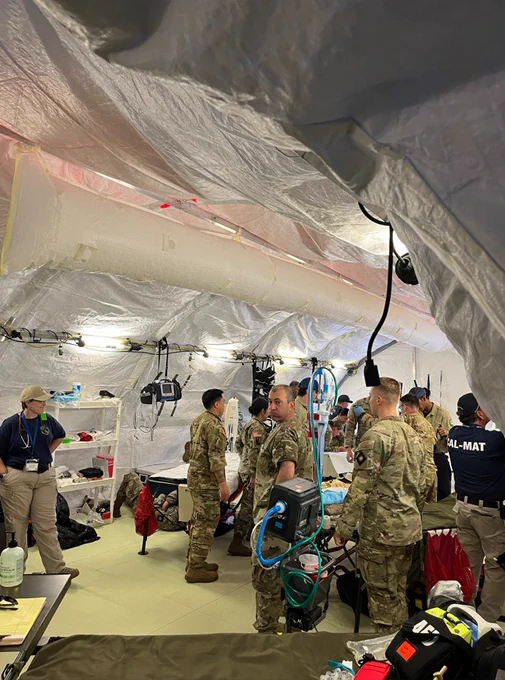 Inside of a medical emergency tent.
