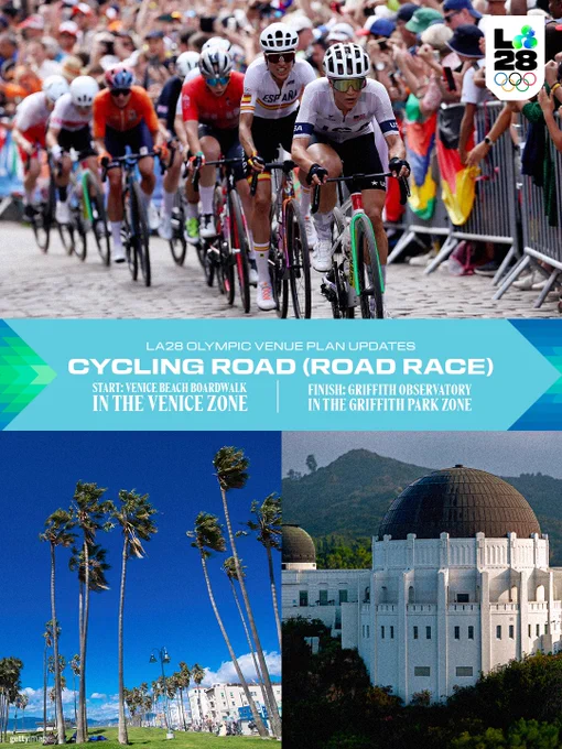 A graphic for the LA28 Olympic Games showing details for the Cycling Road Race. The top panel shows a photo of cyclists racing. The bottom panel has two photos: one of the Venice Beach Boardwalk with palm trees and one of the Griffith Observatory. Text on the graphic indicates the start and finish locations.