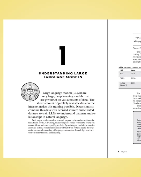 The opening page of Chapter 1 of The Developer's Guide to AI, titled "Understanding Large Language Models," on a yellow background. A large numeral 1 sits above the chapter title, with a small circular illustration of a robot beside introductory text explaining that LLMs are deep learning models pretrained on vast amounts of data. The facing page is partly visible at right, showing the edge of a figure and a table.