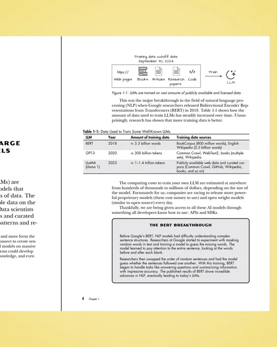 A page from Chapter 1 of The Developer's Guide to AI on a yellow background. It includes Figure 1-1, a diagram showing data sources (web pages, books, articles, research papers, and code) feeding into LLM training with a September 30, 2024 cutoff date, and Table 1-1, listing the training data size and sources for BERT, GPT-3, and LLaMA. A shaded sidebar titled "The BERT Breakthrough" explains how BERT advanced natural language processing.