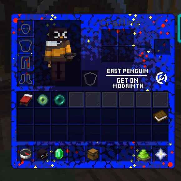A image of a Minecraft player inventory screen with blue flowers. Text in the GUI reads "East Penguin. Get on Modrinth."