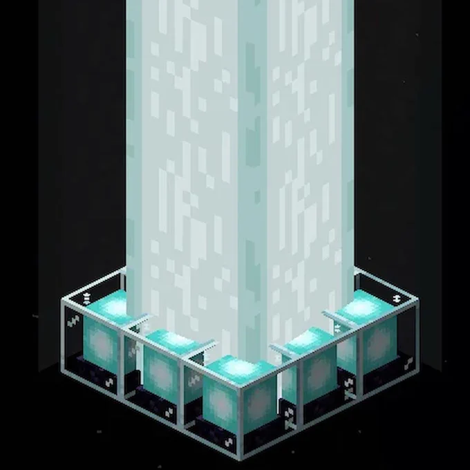 A square of Minecraft Beacons have been placed in series with one giant beam being emitted. 