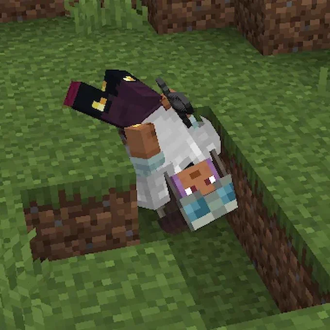 A Minecraft player model has been rag dolled, and is slowly falling into a hole.