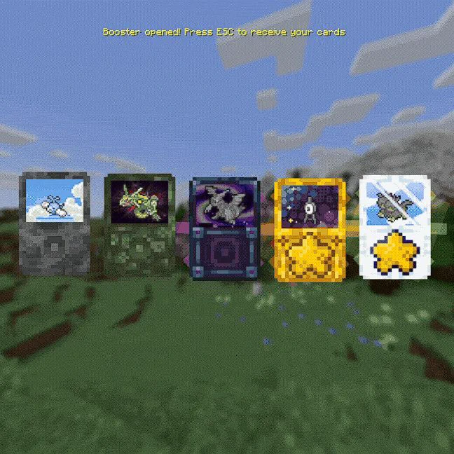 A screen reads Booster Opened! Press ESC to receive your cards. Below are cards with images of pokemon.