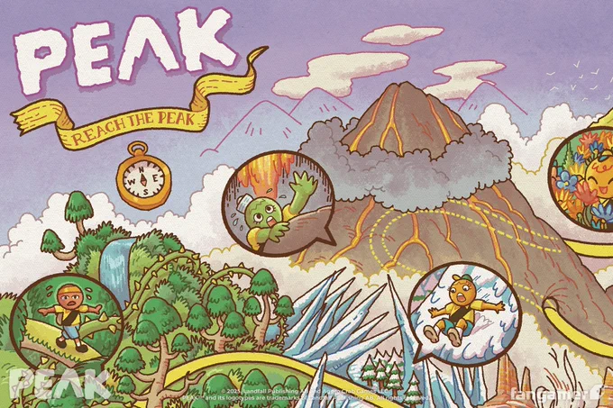 A poster illustrating a prototypical journey through a game of PEAK, beginning with four climbers overlooking the crash site. A yellow line marks their path through each biome, with inset illustrations at various points showing characters in peril. The PEAK logo and a compass are in the upper left-hand corner, giving the poster the feeling of an old map. 