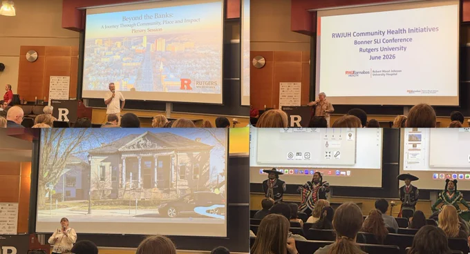 Four images of presentations throughout the day. Top left: Beyond the Banks: A Journey Through Community, Place and Impact. Top right: RWJUH Community Health Initiatives from Rutgers University.