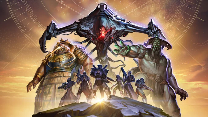 Five guardians stand before three towering Raid bosses - from left to right: Emperor Calus, Argos, and Gahlran - superimposed over a a bright golden sunset.