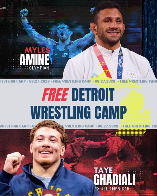 Promotional image for a free wrestling camp in Detroit featuring Olympian Myles Amine and 2x All-American Taye Ghadiali, scheduled for June 27, 2026.