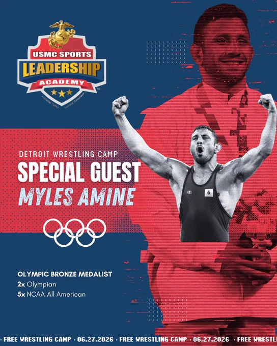 Promotional poster for the Detroit Wrestling Camp featuring special guest Olympian Myles Amine. The design includes vibrant colors and text detailing his achievements.