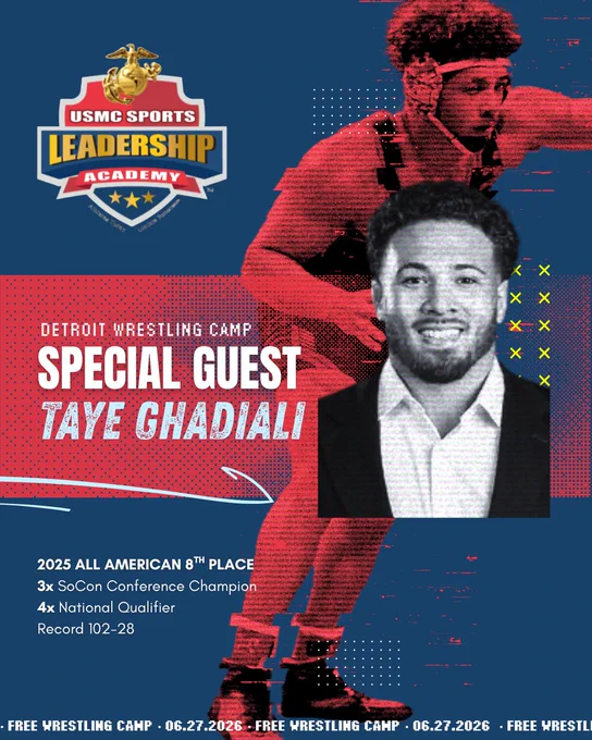 Promotional poster for the Detroit Wrestling Camp featuring Taye Ghadiali as a special guest. The poster includes accolades and a photo of the guest, set against a dynamic red and blue design.