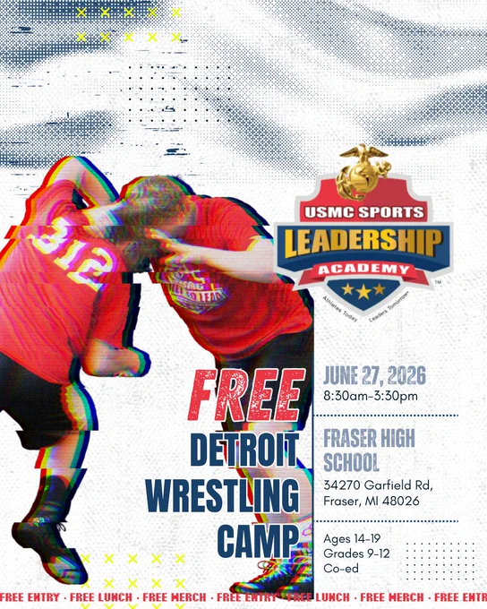 Promotional poster for a free wrestling camp in Detroit, highlighting USMC Sports Leadership Academy on June 27, 2026.