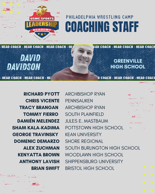 A promotional image showcasing the coaching staff for the Philadelphia Wrestling Camp, featuring David Davidson and staff affiliations.