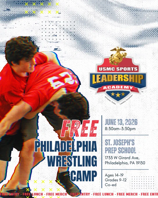 Promotional poster for a free wrestling camp organized by USMC Sports Leadership Academy. Features young wrestlers in action and event details prominently.