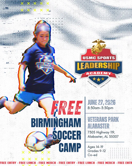 Promotional poster for a free soccer camp hosted by USMC Sports Leadership Academy at Veterans Park, Alabaster on June 27, 2026. Features dynamic imagery of a young soccer player.