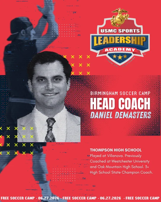 A promotional poster for the USMC Sports Leadership Academy featuring head coach Daniel Demasters for the Birmingham Soccer Camp. The event offers a free soccer camp on June 27, 2026.