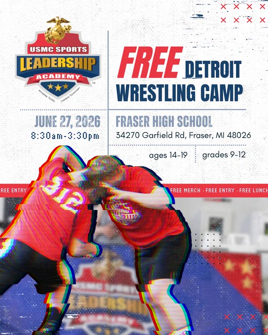 Promotional flyer for a free wrestling camp in Detroit hosted by USMC Sports Leadership Academy, featuring dates, location, and benefits for participants.