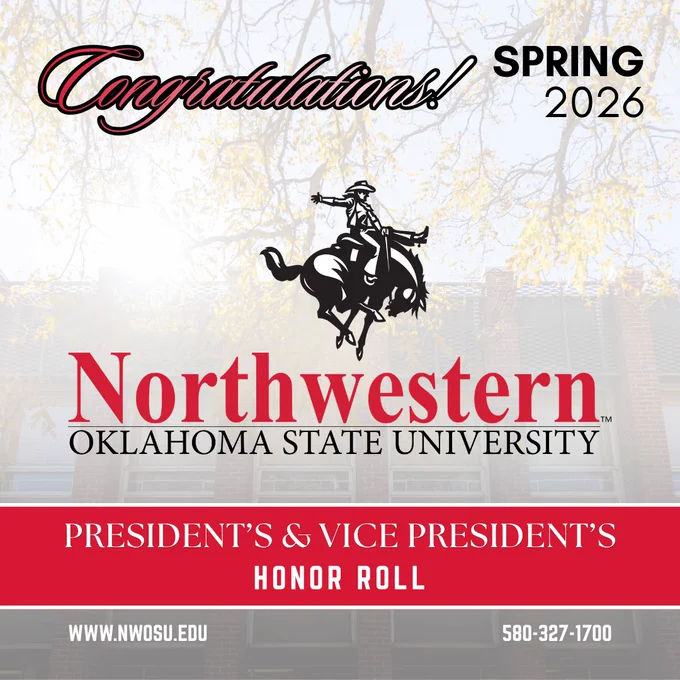 Northwestern Oklahoma State University Spring 2026 Honor Roll congratulatory graphic featuring the Ranger mascot logo.