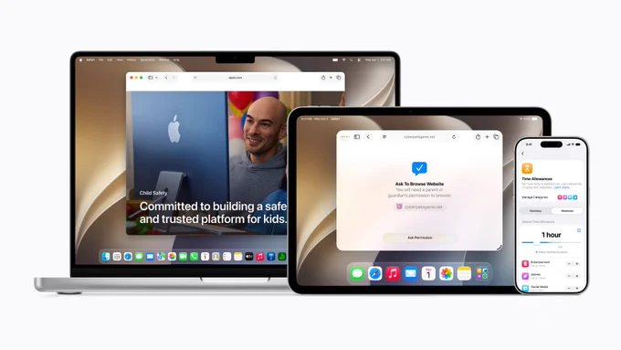 MacBook Pro, iPad Pro, and iPhone 17 Pro are shown side by side. MacBook displays the Child Safety website, iPad shows Safari with “Ask to Browse Website” on screen, and iPhone is open to the Time Allowances app, showing one hour of shared time allowance. 