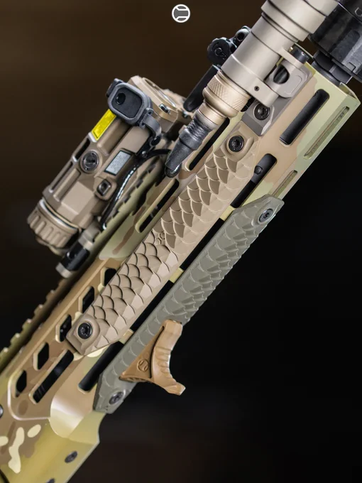 RailScales Karve-P Polymer M-LOK Hand Stop, HTP XOS-H & XOS-W Scales (Dragon, OD Green & FDE, 3.5-Slot), QDX Sling Mount, Hardtop Mount for Scout Light Pro Weapon Lights | Sig Sauer MCX-SPEAR LT 11.5" 5.56 SBR in MultiCam w/ SLX556C-QD Suppressor in Coyote, Surefire M340V-Pro Scout Light Pro IR Light w/ CSM-07 MLOK Switch, EOTech OGL Laser, Romeo4T RDS in FDE, Magpul M3 30rd FDE PMAG, Sig Sauer Minimalist Plus Stock.