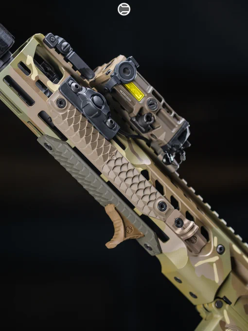 RailScales Karve-P Polymer M-LOK Hand Stop, HTP XOS-H & XOS-W Scales (Dragon, OD Green & FDE, 3.5-Slot), QDX Sling Mount, Hardtop Mount for Scout Light Pro Weapon Lights | Sig Sauer MCX-SPEAR LT 11.5" 5.56 SBR in MultiCam w/ SLX556C-QD Suppressor in Coyote, Surefire M340V-Pro Scout Light Pro IR Light w/ CSM-07 MLOK Switch, EOTech OGL Laser, Romeo4T RDS in FDE, Magpul M3 30rd FDE PMAG, Sig Sauer Minimalist Plus Stock.