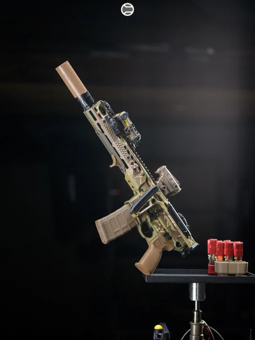 RailScales Karve-P Polymer M-LOK Hand Stop, HTP XOS-H & XOS-W Scales (Dragon, OD Green & FDE, 3.5-Slot), QDX Sling Mount, Hardtop Mount for Scout Light Pro Weapon Lights | Sig Sauer MCX-SPEAR LT 11.5" 5.56 SBR in MultiCam w/ SLX556C-QD Suppressor in Coyote, Surefire M340V-Pro Scout Light Pro IR Light w/ CSM-07 MLOK Switch, EOTech OGL Laser, Romeo4T RDS in FDE, Magpul M3 30rd FDE PMAG, Sig Sauer Minimalist Plus Stock.