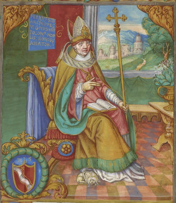 Stanisław Samostrzelnik OCist. (ok. 1480 – 1541), portret bł. Bogumiła Piotra, iluminacja z „Catalogus archiepiscoporum gnesnensium” (pol. „Katalog arcybiskupów gnieźnieńskich”), 1531 – 1535, Biblioteka Narodowa w Warszawie.