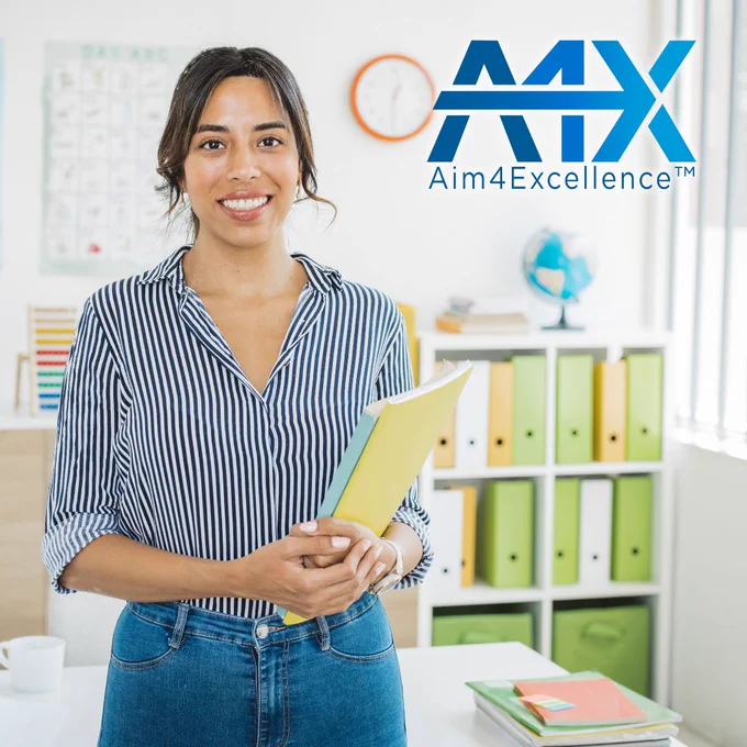 Early Childhood Leader standing in office. Aim4Excellence logo. 
