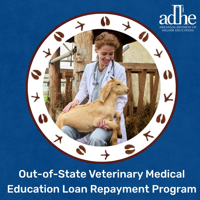 A smiling veterinarian holds a young goat, framed by animal track icons on a blue background. Text reads: Out-of-State Veterinary Medical Education Loan Repayment Program. ADHE logo in corner.