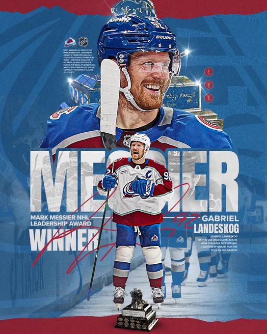 Gabriel Landeskog has been awarded the Mark Messier NHL Leadership Award.