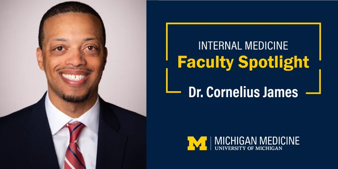 Photo of Dr. Cornelius James next to the text Internal Medicine Faculty Spotlight