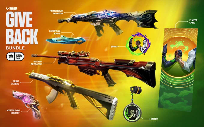 Promotional graphic for the VALORANT Give Back Bundle set against a glowing orange, yellow, and green background. The image showcases a curated selection of fan-favorite skins: Primordium Phantom, Reaver Operator, Prime Vandal, Mystbloom Sheriff, and the Xerøfang Knife. It also features a bundle-exclusive spray, gun buddy, and player card that feature Chamber and Vipers' hands clasped in a handshake.

