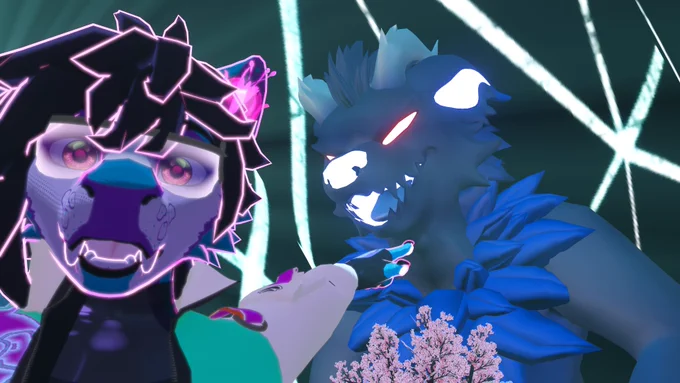 An attendee performing the *pog while pointing at something* meme. The thing they're pointing at is none other than Club F.Y.N.N.'s giant kitsune monster. Her name is Jill!