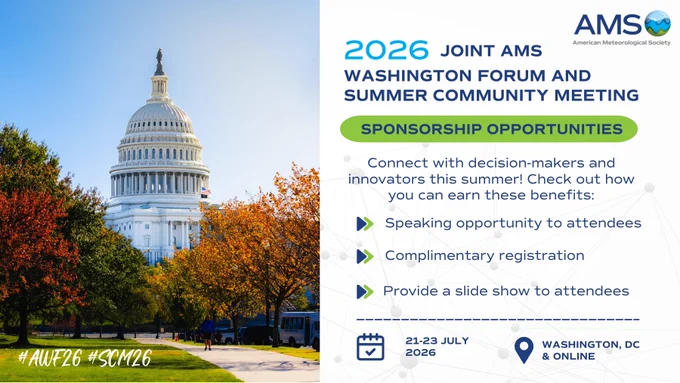 Graphic for the 2026 AMS Washington Forum and Summer Community Meeting with text includes "Sponsorship Opportunities" with benefits such as speaking opportunities, complimentary registration, and slide presentations.