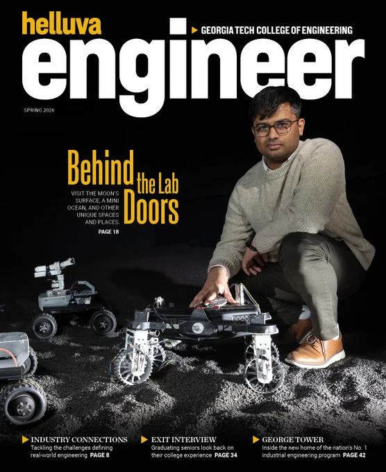 Magazine cover thumbnail with "Helluva Engineer" nameplate featuring Yashwanth Nakka with robotic rovers on his simulated moon surface