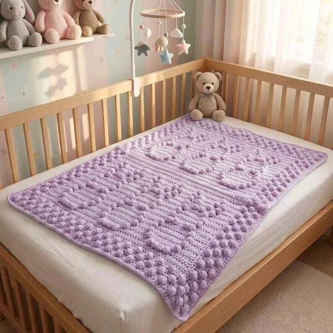 A light wooden crib holds a white mattress covered by a soft lavender knitted blanket featuring a textured bobble stitch pattern. A teddy bear sits at the head of the bed. The room is bright and cosy, with pastel walls, shelves holding stuffed animals, and a hanging mobile with stars and clouds. Sheer curtains let in warm natural light.