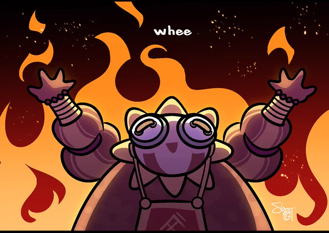 Esquie posed to look like the Elmo fire meme. Above his head, small text reads: whee