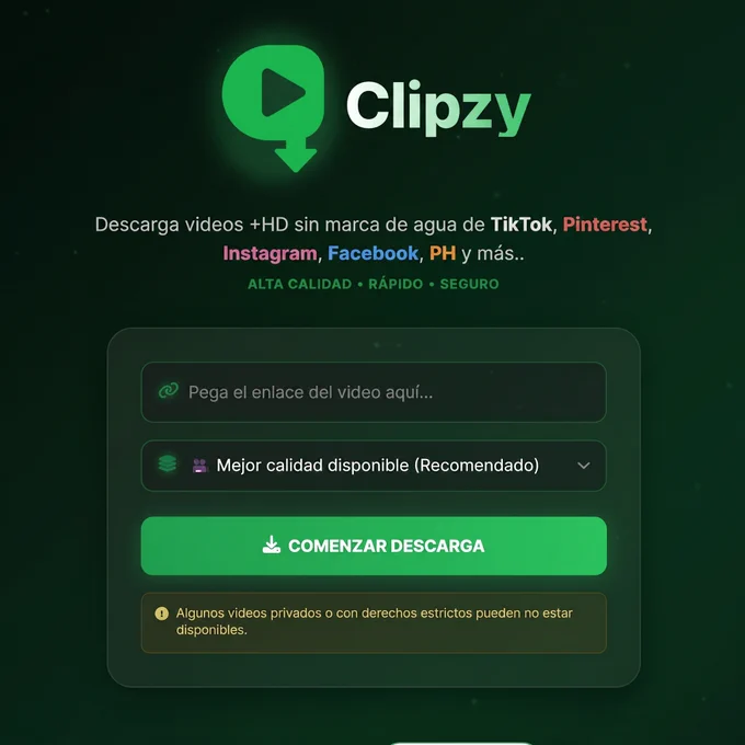 Captura de Clipzy, una aplicación web progresiva (PWA) que permite descargar videos y audio en calidad HD usando únicamente un enlace. Compatible con múltiples plataformas sociales y sin necesidad de instalar software.