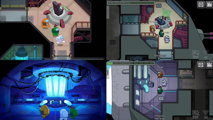 Screenshots comparing scenes from the Among Us Show with Crewmates in-game dressed as the characters with cosmetics from the Showbiz Cosmicube. 