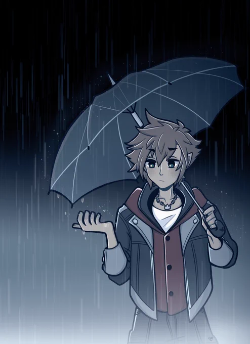 digital artwork from sora in his kingdom hearts iv attire, standing in the rain beneath an umbrella. he holds his right hand out into the rain with a contemplative expression.


