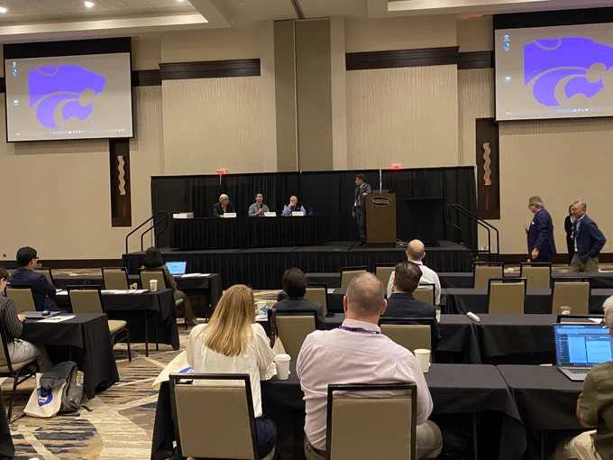 Image of first panel at the K-State/NBAF Symposium on Biomanufacturing in Manhattan, KS.