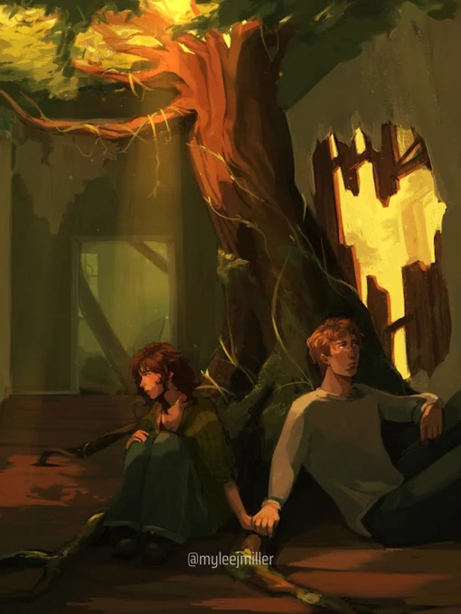 Artwork for Mylee's upcoming book "Heart of Bone", featuring Tatum (young woman with messy dark hair) and Atticus (young fella with blond hair) sitting side by side under a tree holding hands, inside a derelict manor.