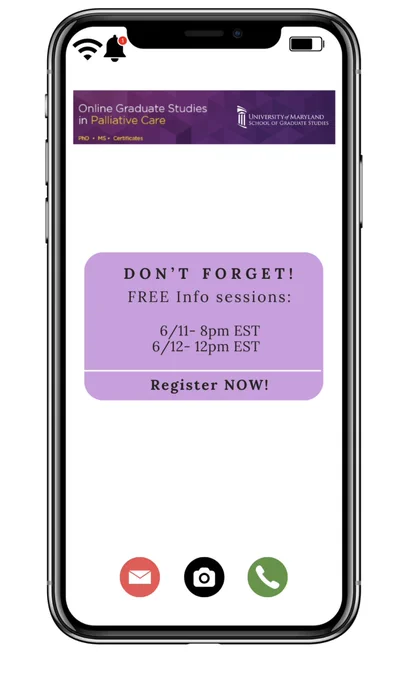 Cell phone with an alert stating, “ Don’t forget! Free info sessions on 6/11, 8pm EST and 6/12, 12pm EST