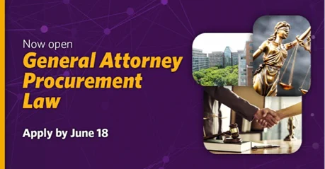 Graphic states, “Now open – General Attorney Procurement Law. Apply by June 18.” 