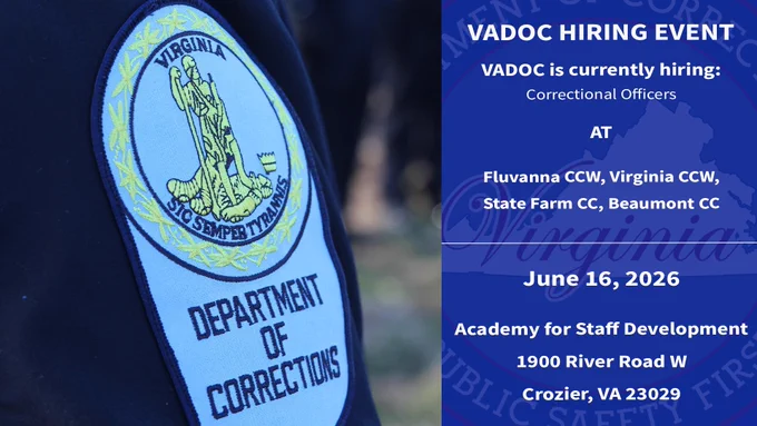 Graphic showing a close-up of the Virginia Department of Corrections patch on a uniform and details of a hiring event for correctional officers.