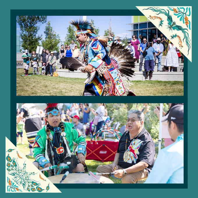 The image features a split scene of a vibrant outdoor Indigenous event. The top half shows a person in traditional Indigenous clothing performing a dance with people observing in the background. The bottom half depicts a group of individuals playing drums and singing together. There is Indigenous artwork in the corners. 