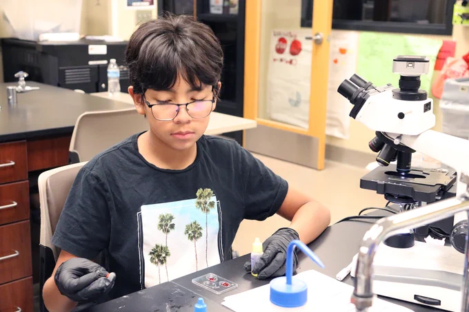 Young student wearing gloves prepares microscope slides in a science lab with a microscope nearby.